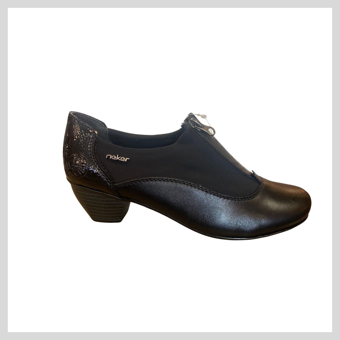 Rieker Ladies Black Block Heel Shoe with front Zip 41765-00