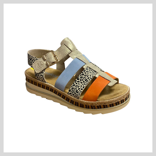 Rieker V7904-90 Animal print, orange, blue leather Women's sandal