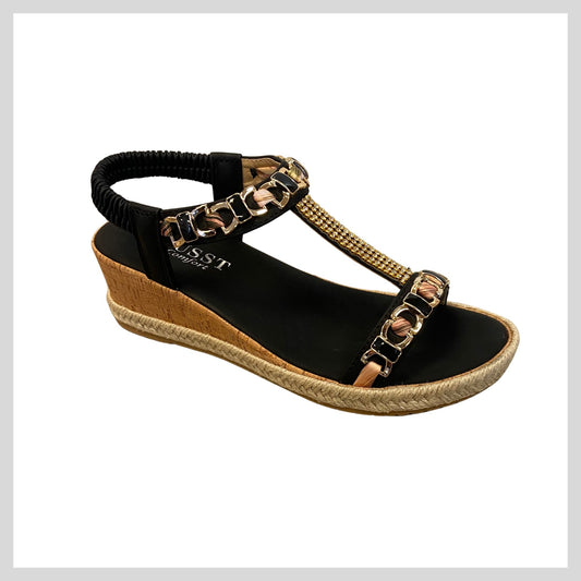 Ladies Susst Krystal26, Elastic Strap Low Wedge Black/Gold Sandal