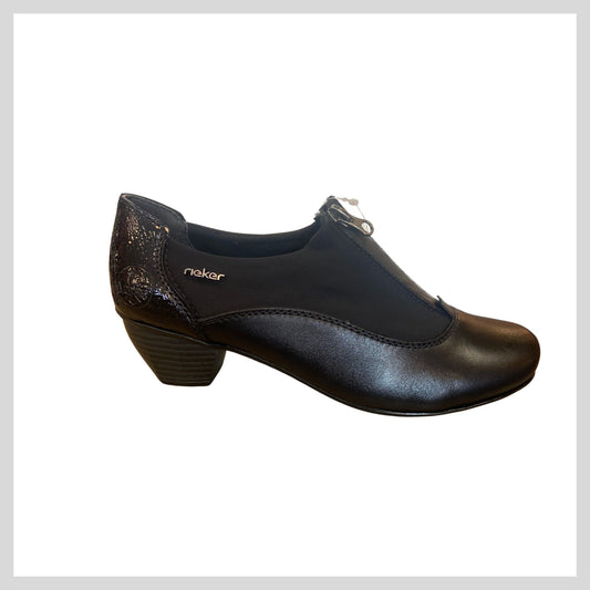Rieker Ladies Black Block Heel Shoe  with front Zip 41765-00