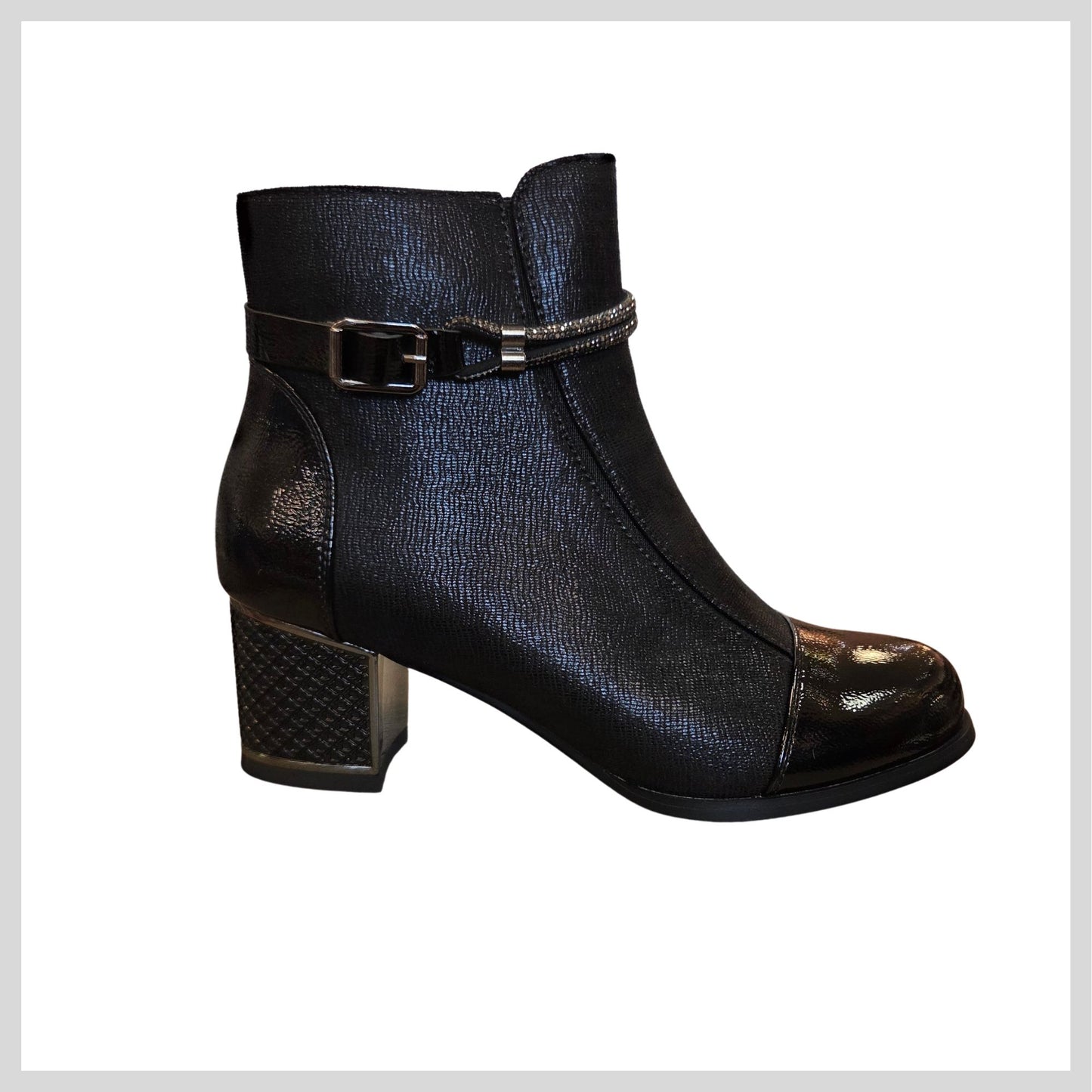 REDZ H669 Ladies Black Ankle Boots Patent Toe