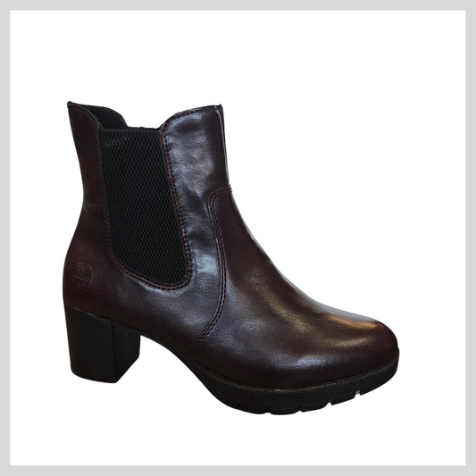 77674 Rieker Ladies Burgundy Ankle Boot